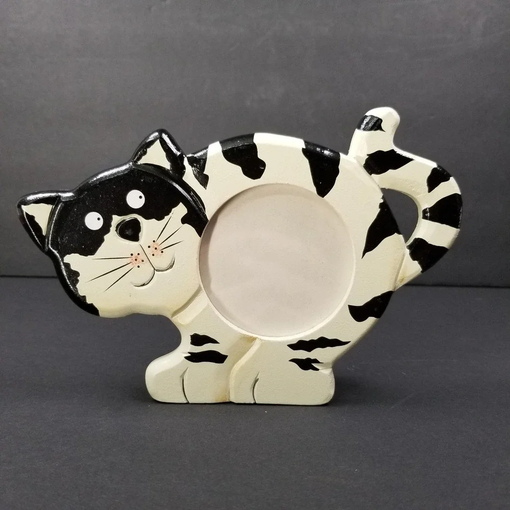 Whimsical Black‎ and White Tuxedo Cat Wooden Photo Frame Tabletop 7.5x5.5 NIB